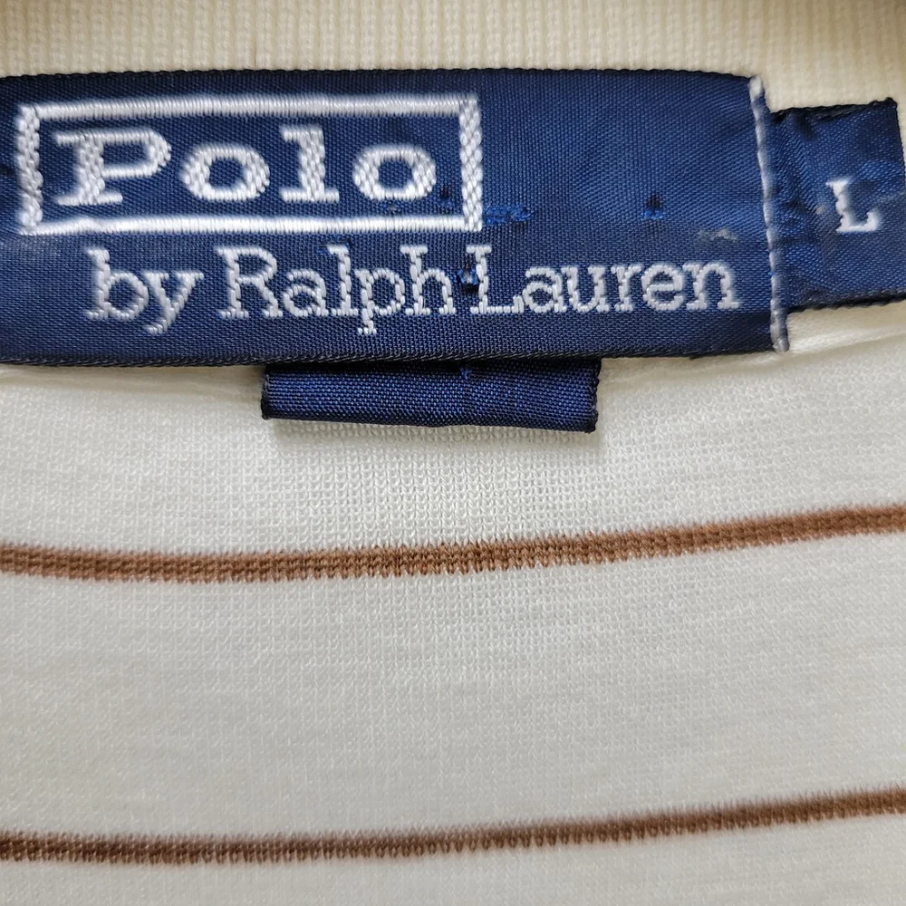 Polo Ralph Lauren Men's Long-Sleeves Beige Brown Stripe Cotton Shirt Large